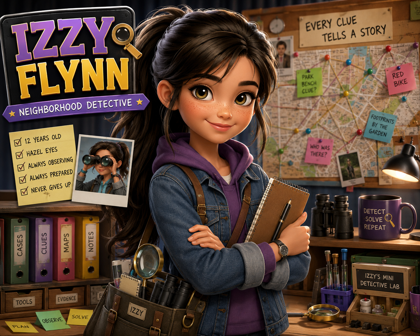 Izzy Flynn standing in her detective workspace